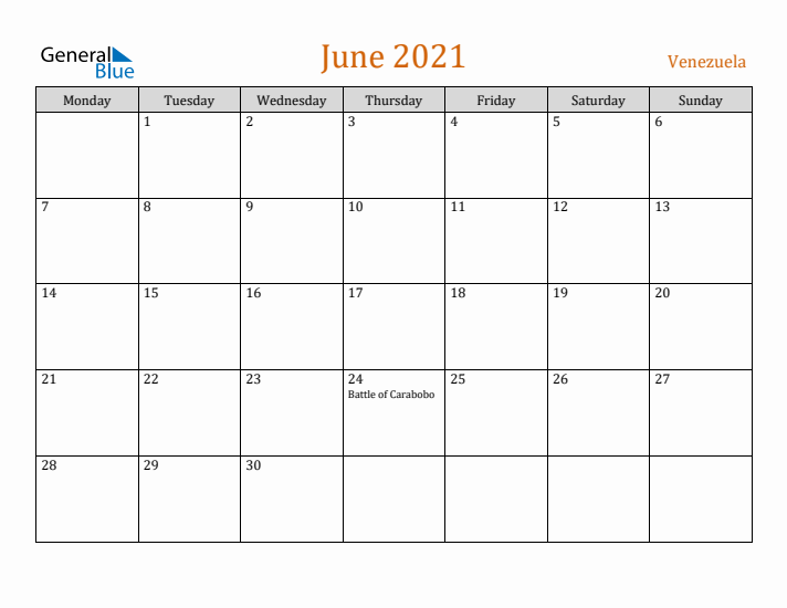 June 2021 Holiday Calendar with Monday Start