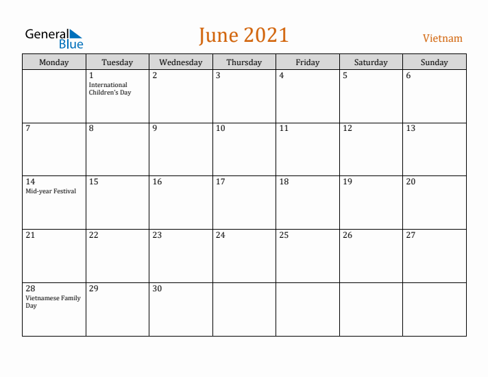 June 2021 Holiday Calendar with Monday Start