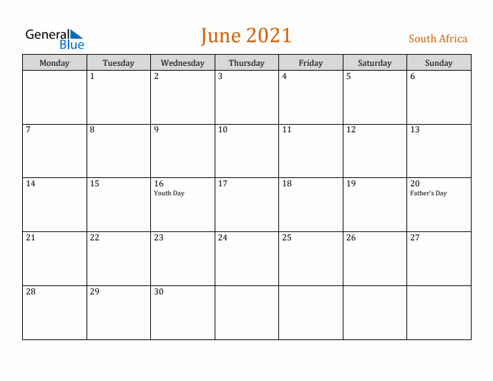 June 2021 Holiday Calendar with Monday Start