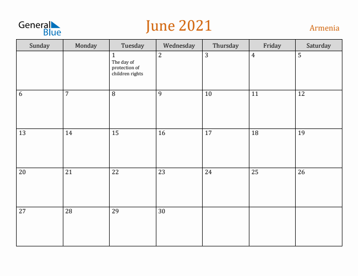 June 2021 Holiday Calendar with Sunday Start