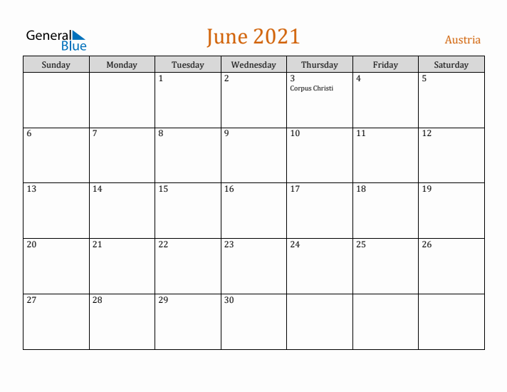 June 2021 Holiday Calendar with Sunday Start