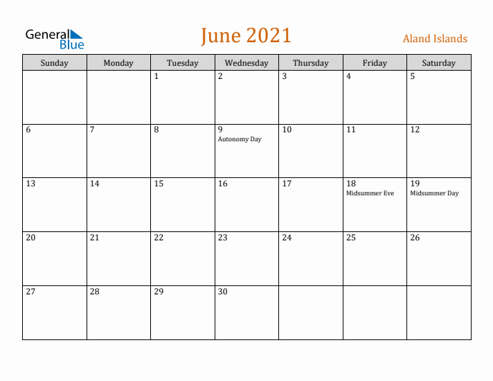 June 2021 Holiday Calendar with Sunday Start