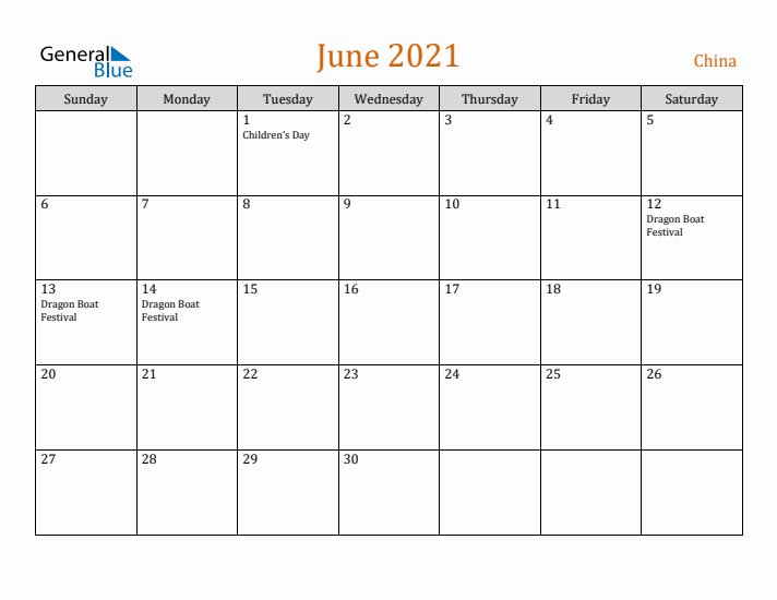 June 2021 Holiday Calendar with Sunday Start