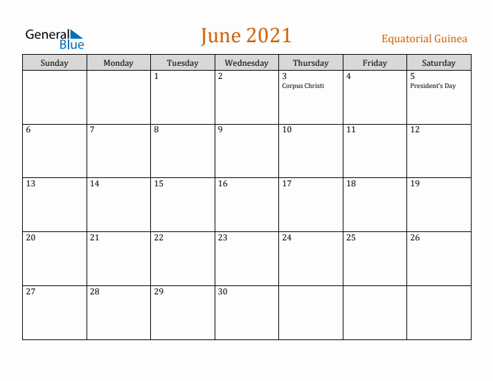 June 2021 Holiday Calendar with Sunday Start