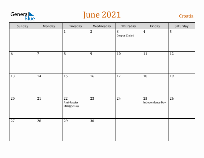 June 2021 Holiday Calendar with Sunday Start