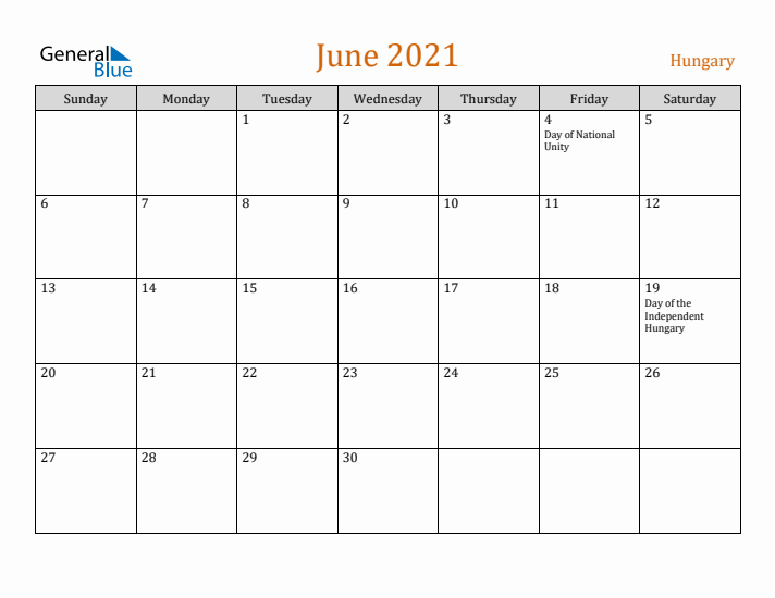 June 2021 Holiday Calendar with Sunday Start