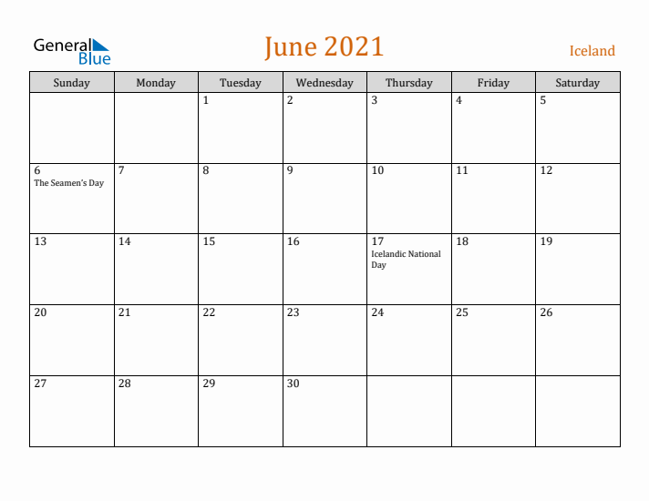 June 2021 Holiday Calendar with Sunday Start