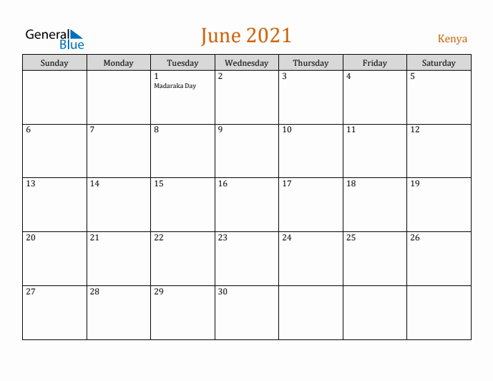 June 2021 Holiday Calendar with Sunday Start