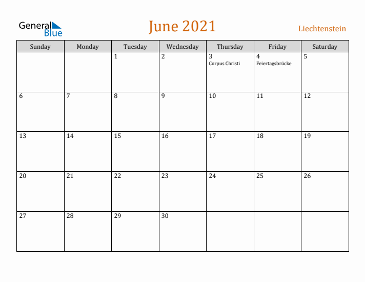 June 2021 Holiday Calendar with Sunday Start