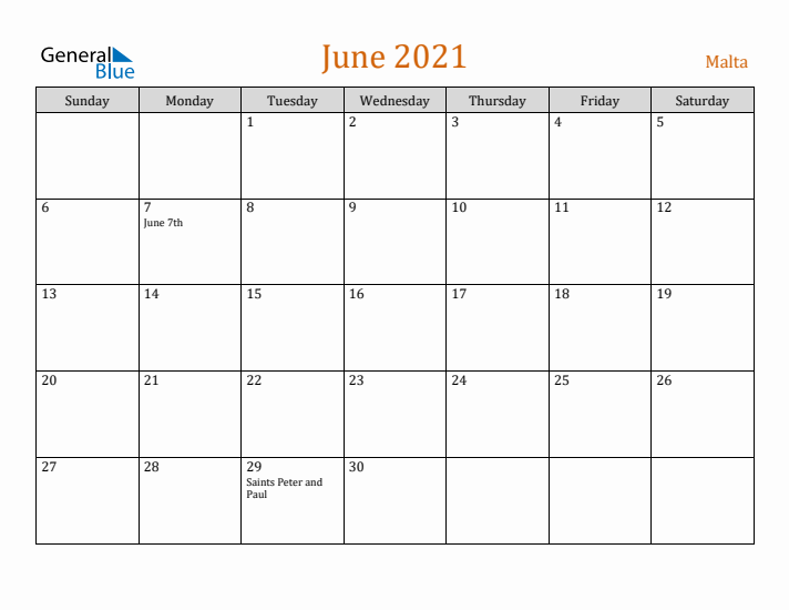 June 2021 Holiday Calendar with Sunday Start