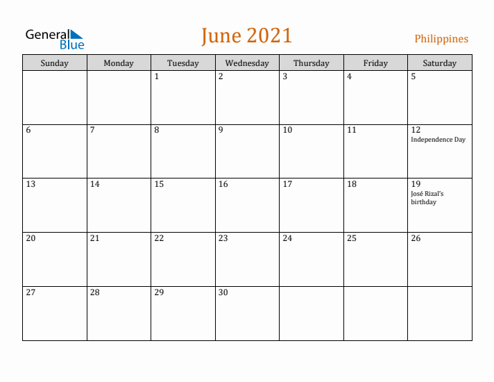 June 2021 Holiday Calendar with Sunday Start