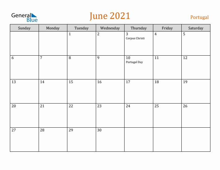 June 2021 Holiday Calendar with Sunday Start