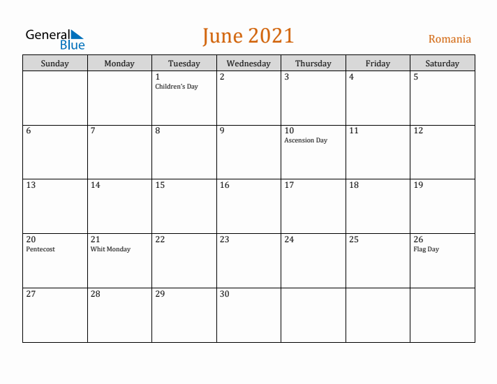 June 2021 Holiday Calendar with Sunday Start