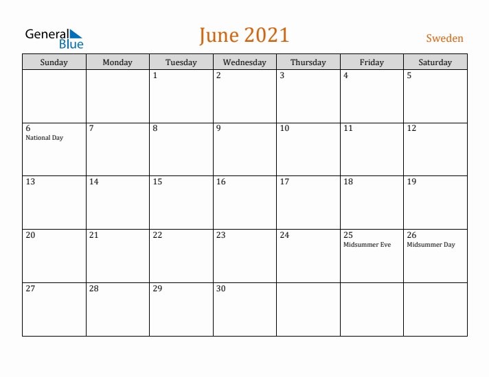 June 2021 Holiday Calendar with Sunday Start