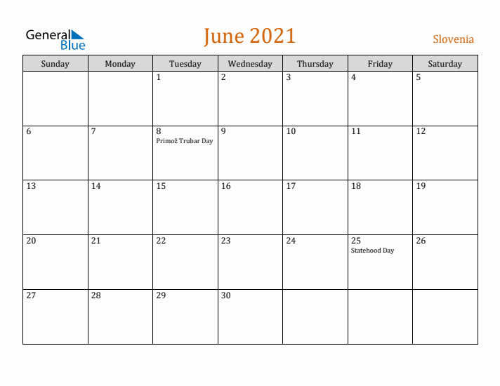 June 2021 Holiday Calendar with Sunday Start