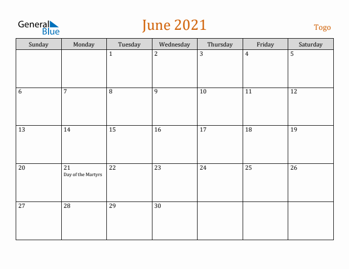 June 2021 Holiday Calendar with Sunday Start