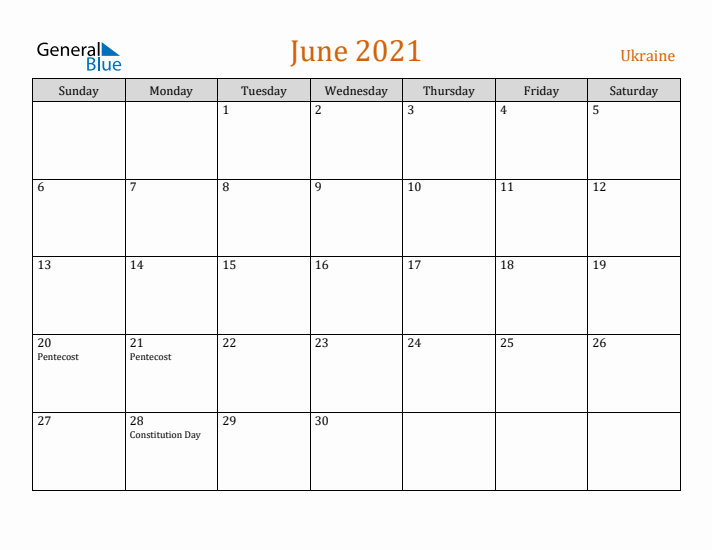 June 2021 Holiday Calendar with Sunday Start