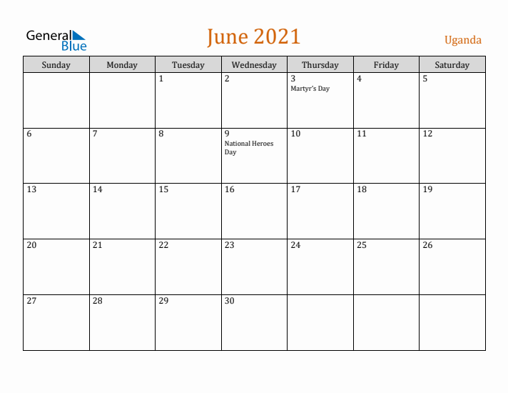 June 2021 Holiday Calendar with Sunday Start