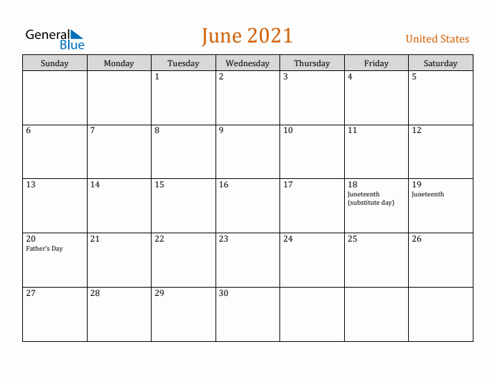 June 2021 Holiday Calendar with Sunday Start