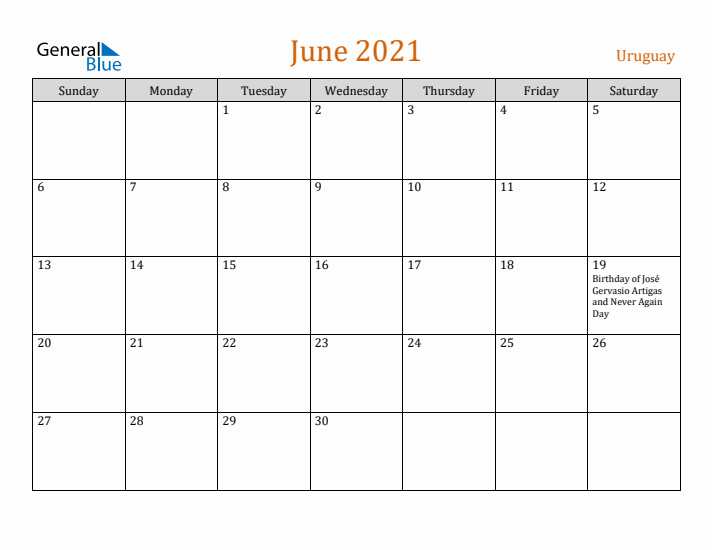 June 2021 Holiday Calendar with Sunday Start