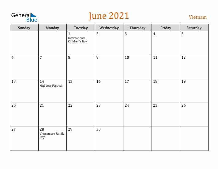 June 2021 Holiday Calendar with Sunday Start