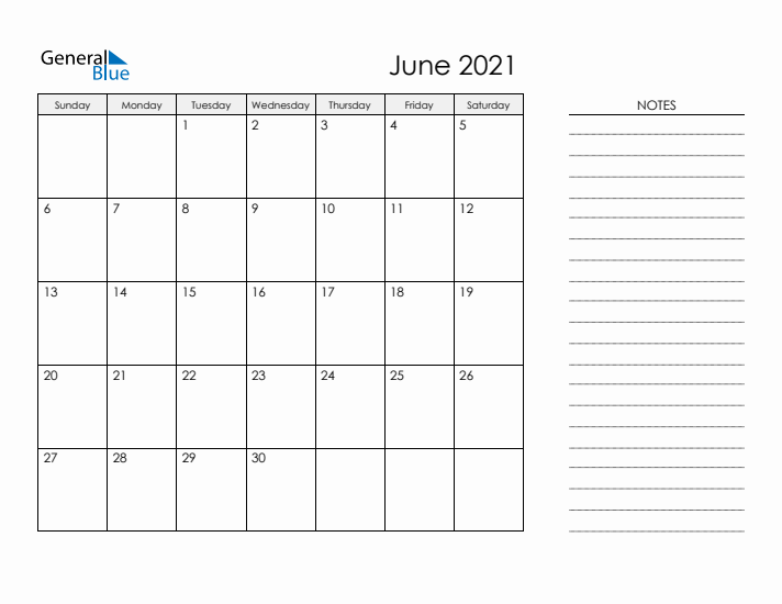 Printable Monthly Calendar with Notes - June 2021