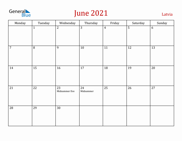 Latvia June 2021 Calendar - Monday Start