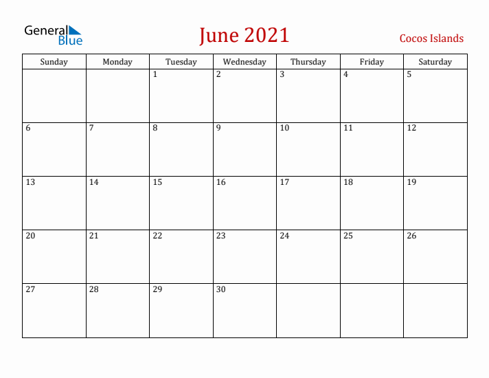 Cocos Islands June 2021 Calendar - Sunday Start