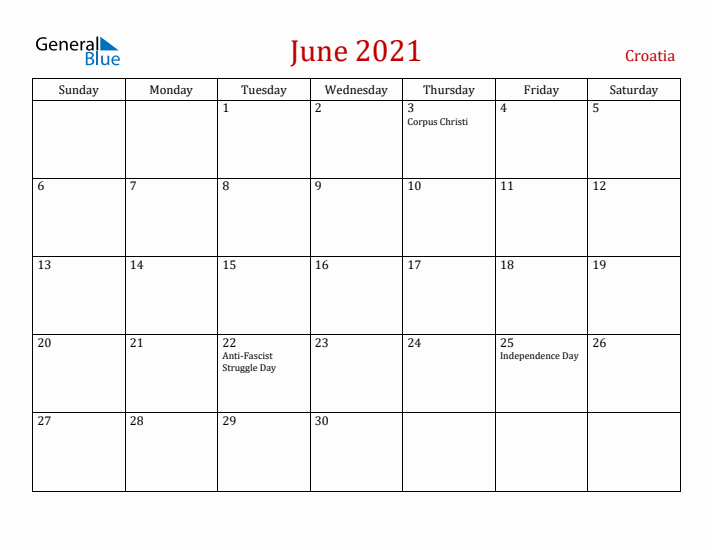 Croatia June 2021 Calendar - Sunday Start