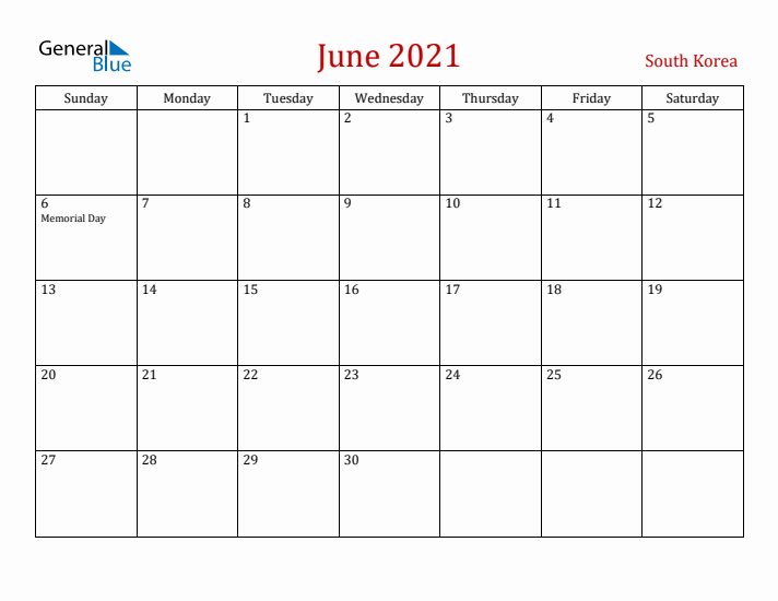 South Korea June 2021 Calendar - Sunday Start