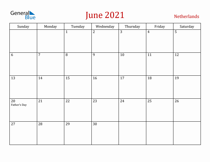 The Netherlands June 2021 Calendar - Sunday Start