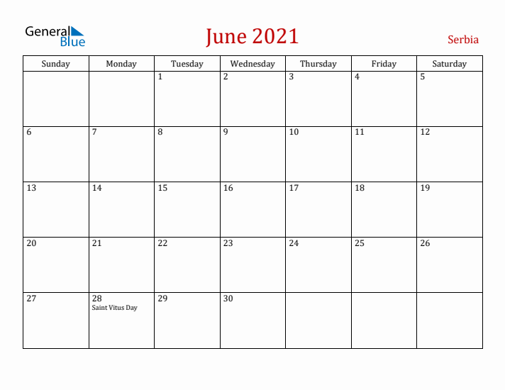 Serbia June 2021 Calendar - Sunday Start