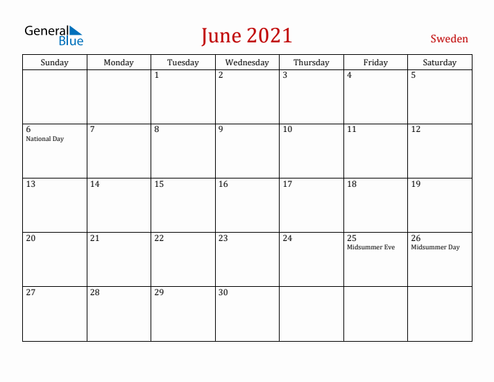 Sweden June 2021 Calendar - Sunday Start