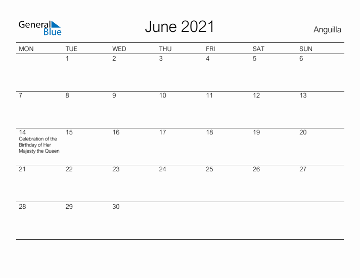 Printable June 2021 Calendar for Anguilla