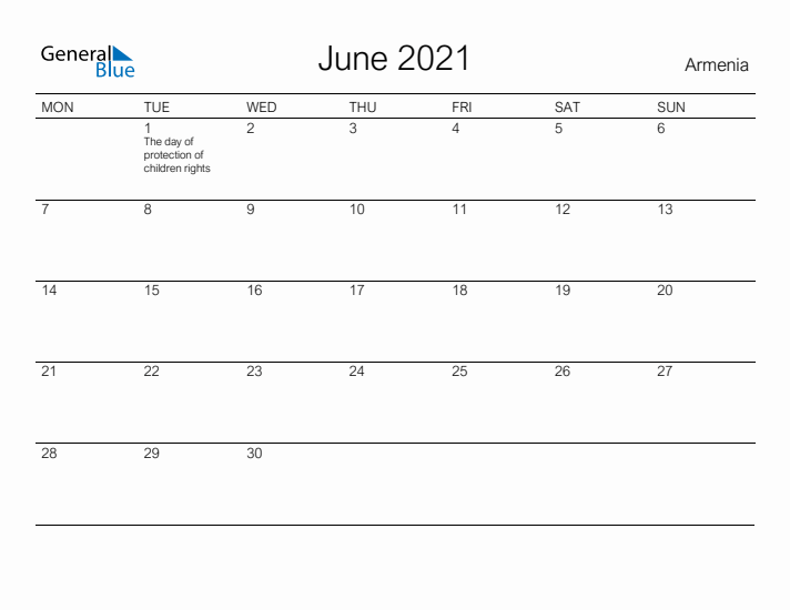 Printable June 2021 Calendar for Armenia