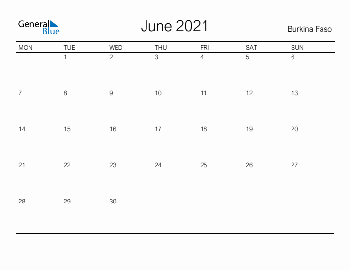 Printable June 2021 Calendar for Burkina Faso