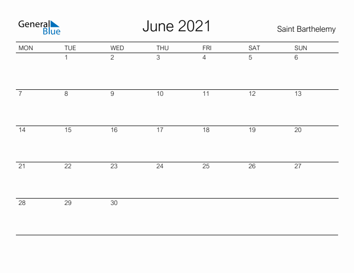 Printable June 2021 Calendar for Saint Barthelemy