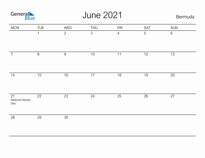 Printable June 2021 Calendar for Bermuda