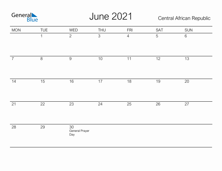 Printable June 2021 Calendar for Central African Republic