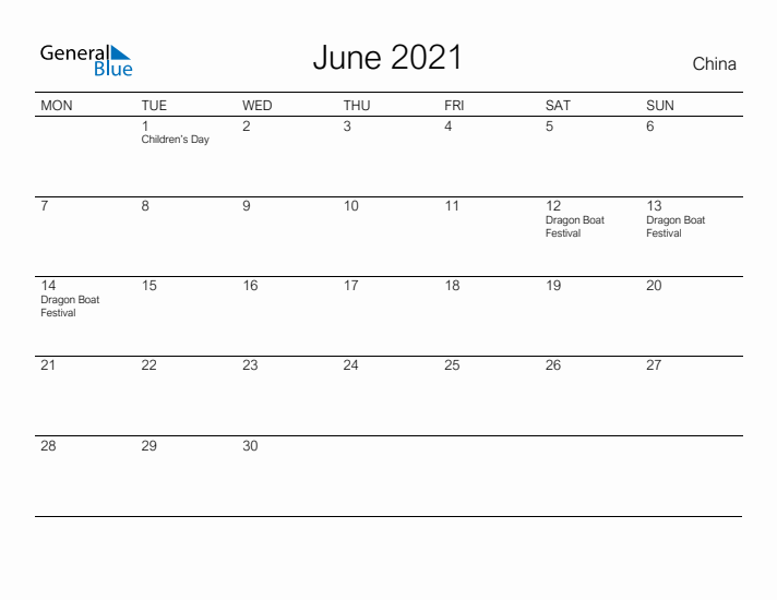 Printable June 2021 Calendar for China