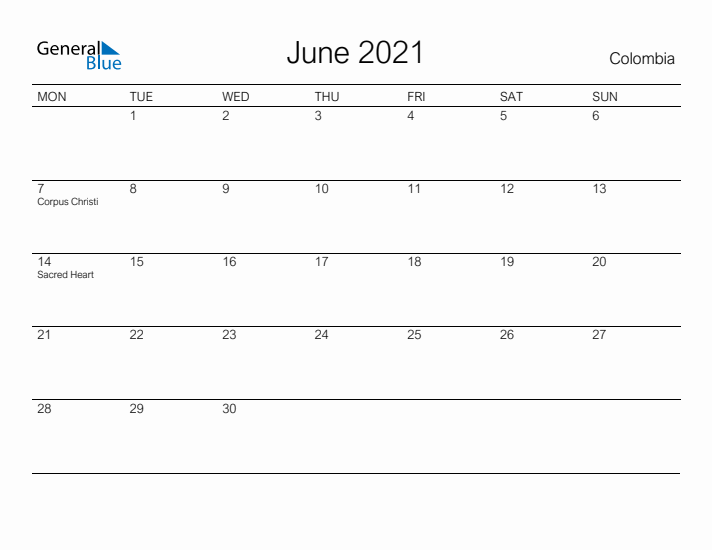 Printable June 2021 Calendar for Colombia