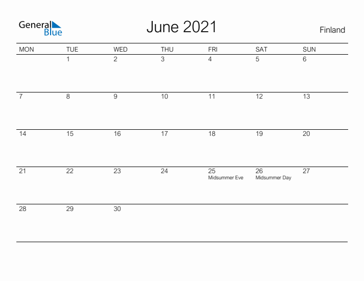 Printable June 2021 Calendar for Finland