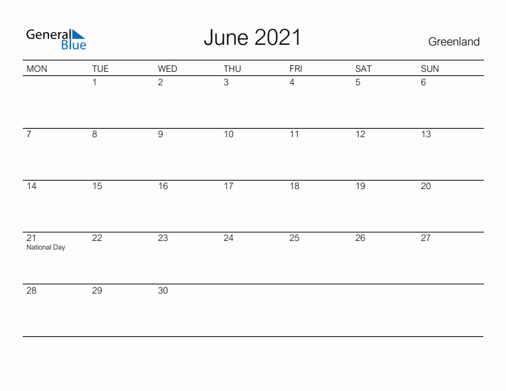 Printable June 2021 Calendar for Greenland