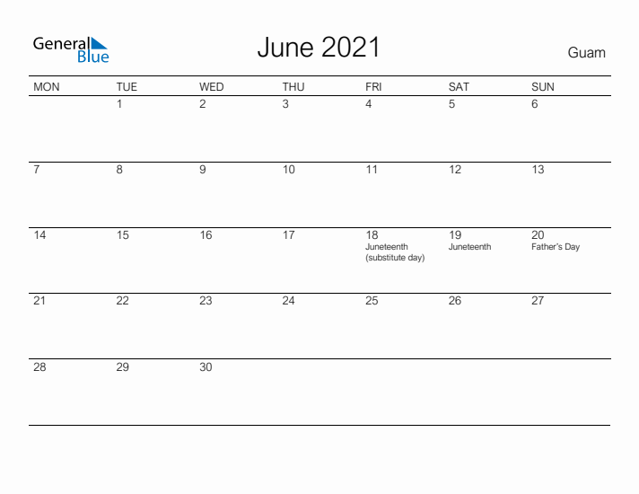 Printable June 2021 Calendar for Guam