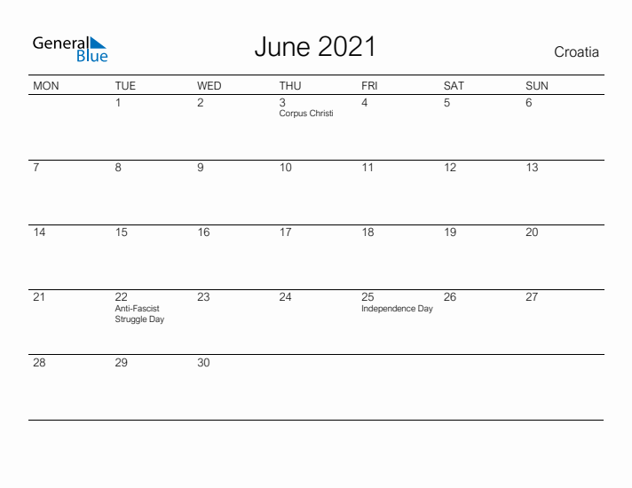 Printable June 2021 Calendar for Croatia