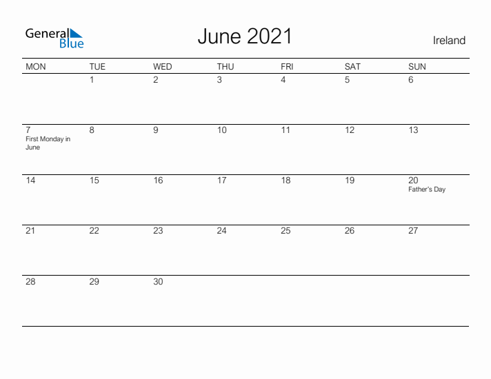 Printable June 2021 Calendar for Ireland