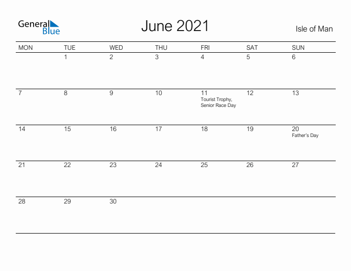 Printable June 2021 Calendar for Isle of Man