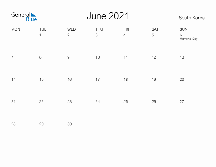 Printable June 2021 Calendar for South Korea