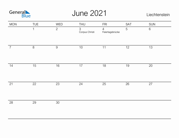 Printable June 2021 Calendar for Liechtenstein