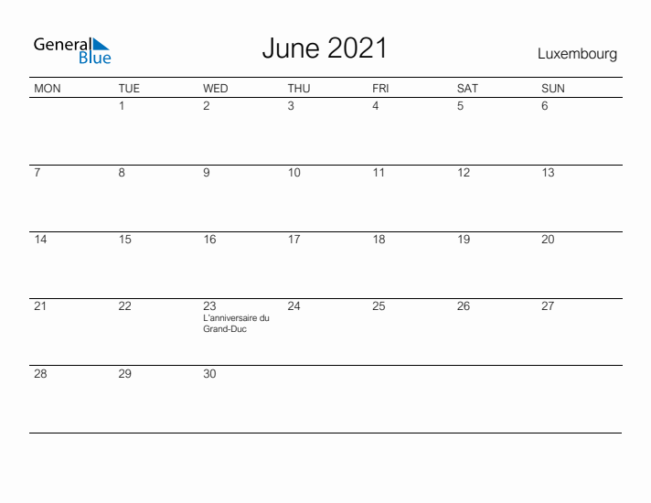 Printable June 2021 Calendar for Luxembourg